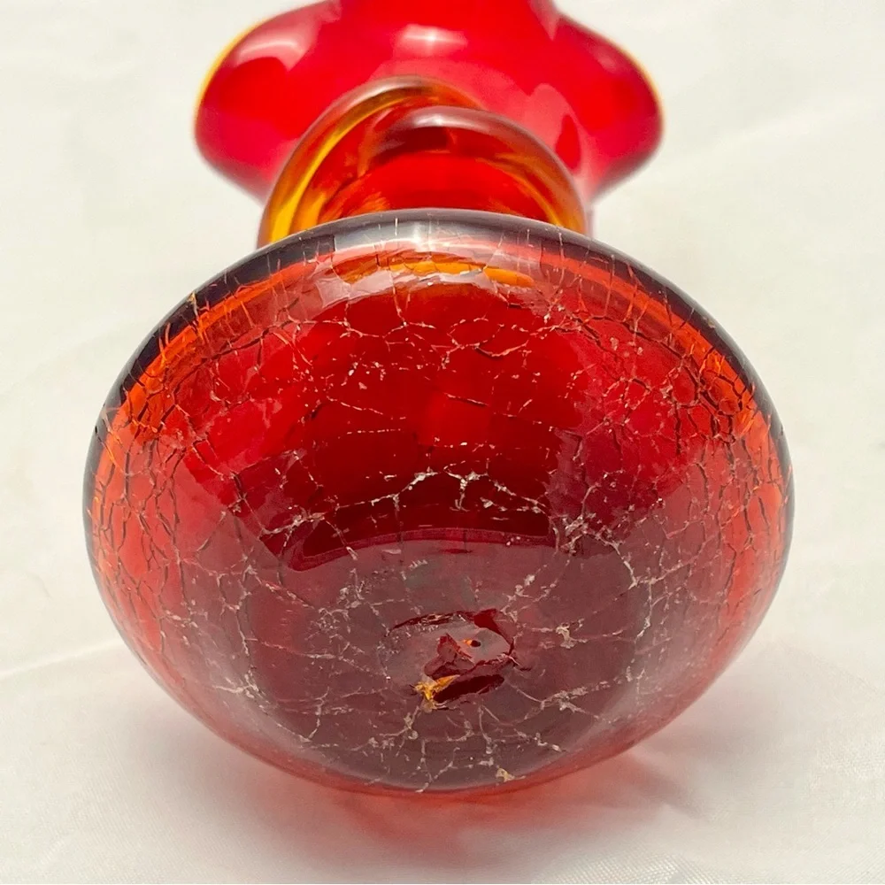 Amberina Ruby Red Crackle Glass Vase, Hand-blown Ruffle Rim, Cut Pontil, VTG EUC